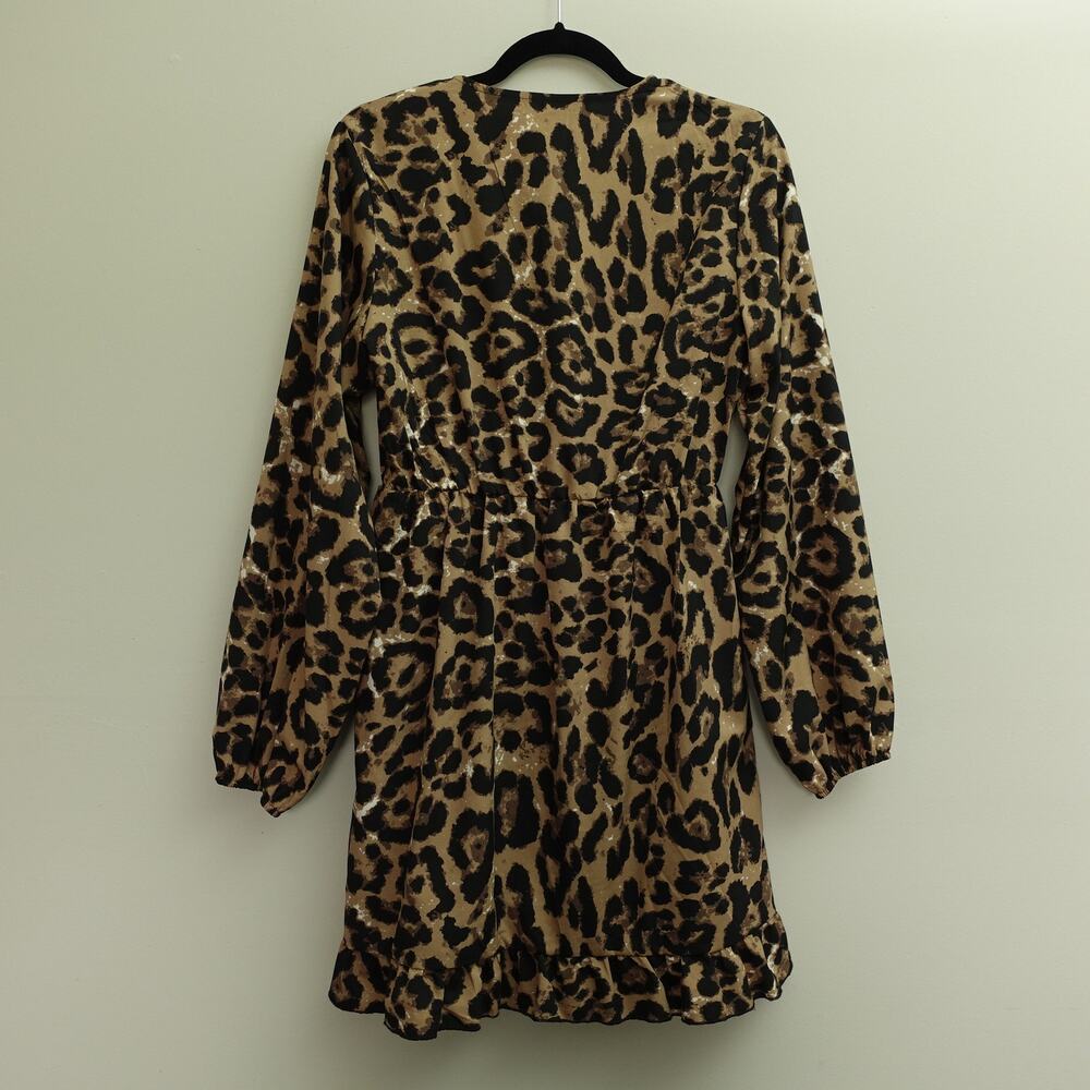 SHEIN LUNE Womens Leopard Print Ruffle Hem Surplice  Dress Brown Black Size L - Picture 7 of 10